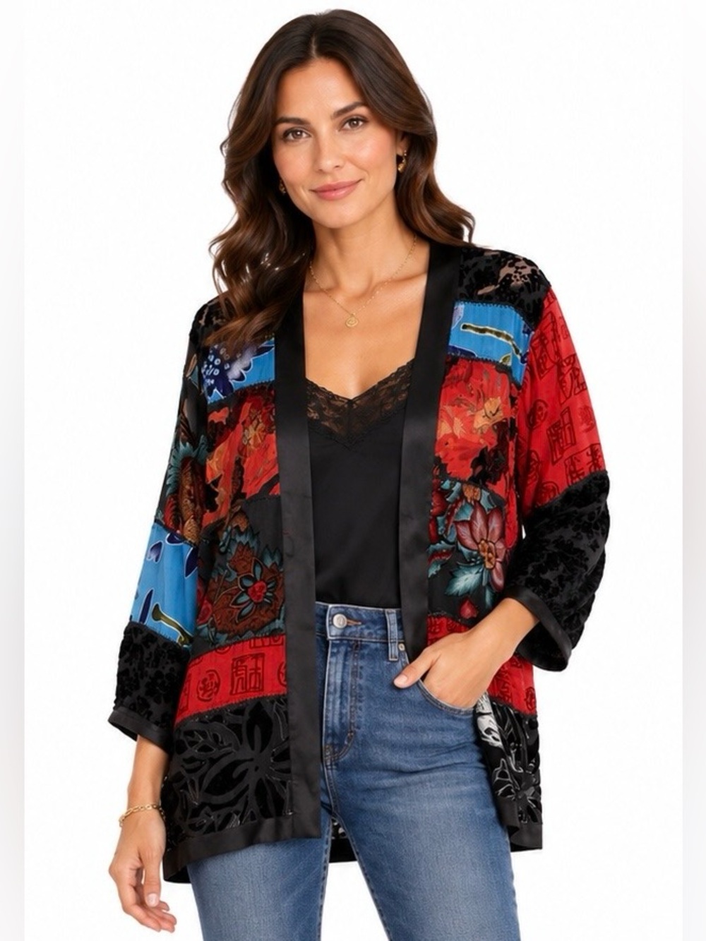 Chico’s Patchwork Silk Burnout Velvet Kimono Multicolor Boho Patchwork Sz 2 M/L
